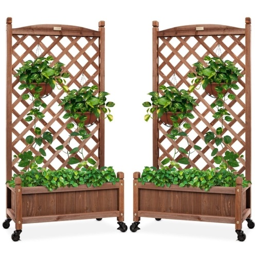 BCP. SKY 5842 : Set of 2  Wood Planter Box and Lattice Trellis  W / Optional Wheels  -48  In