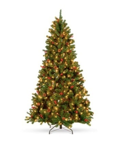 9ft Pre-Lit Pre-Decorated Spruce Christmas Tree w/ Pine Cones, Berries