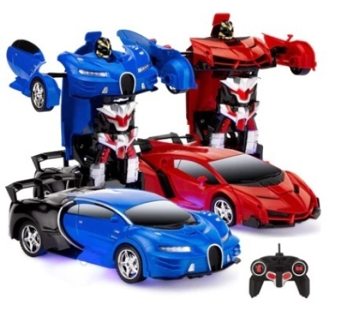 Set of 2, RC Remote Control Transforming Robot Car Toys, 1/18 Scale, Red & Blue
