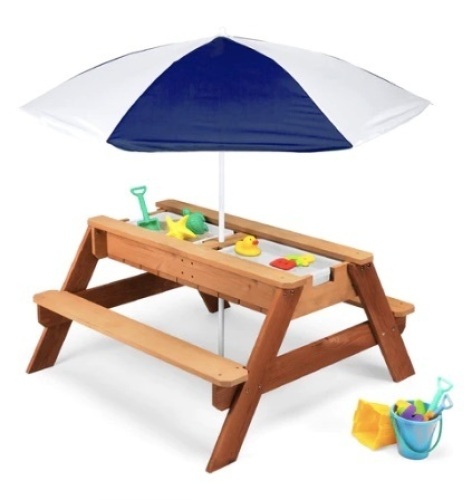 3-in-1 Kids Sand & Water Table Outdoor Wood Picnic Table w/ Umbrella, Navy