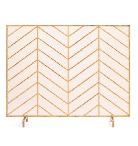 Single Panel Iron Chevron Fireplace Screen, 38x31in, Gold
