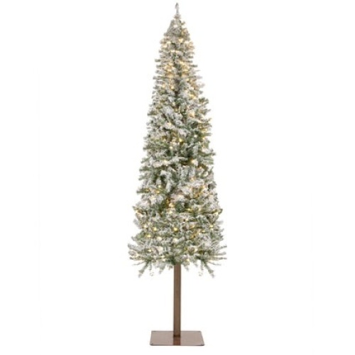 BCP. SKY 5340  : Pre Lit  Snow  Flocked  Alpine  Slim  Pencil Christmas Tree  W / LED Lights Stand
