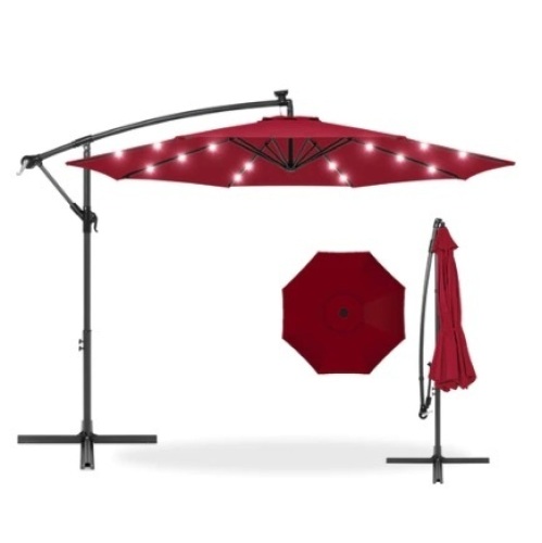 Solar LED Offset Hanging Patio Umbrella, 10ft, Burgundy