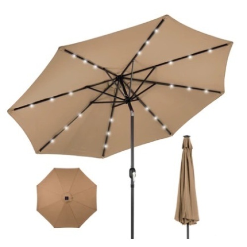 Solar LED Lighted Patio Umbrella w/ Tilt Adjustment, UV-Resistance,10ft, Tan