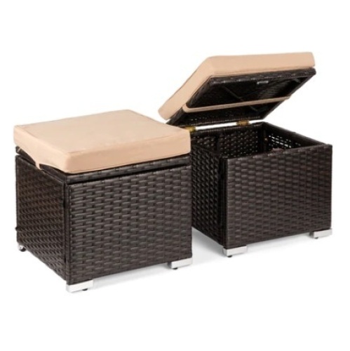 Set of 2 Wicker Ottomans, Brown/Beige
