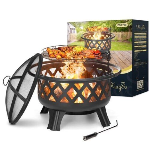 KingSo 30" Outdoor Round Fire Pit with Cooking Grate, Fire Poker, Spark Screen Cover - Lot 171