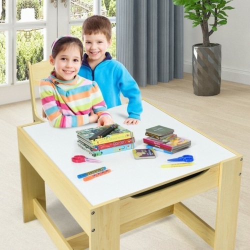 Kids Table Chairs Set With Storage Boxes Blackboard Whiteboard Drawing-Natural BB5584NA  - Lot 574
