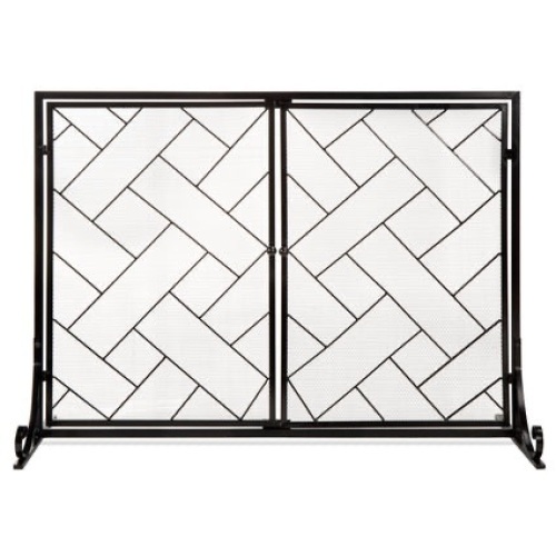 44x33in 2-Panel Handcrafted Wrought Iron Decorative Geometric Fireplace Screen w/ Magnetic Doors - Lot 842