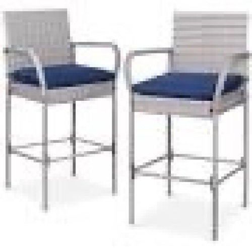 2 Wicker Bar Stools Indoor Outdoor Bar Height Chairs w/Cushion - Lot 1154