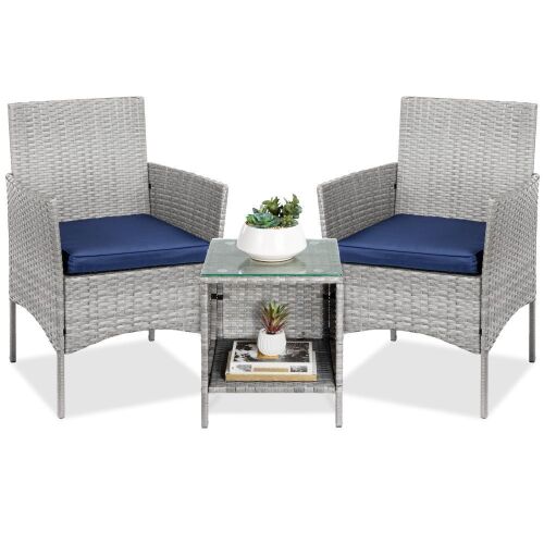 3-Piece Outdoor Patio Wicker Bistro Set w/ Side Storage Table - Lot 503