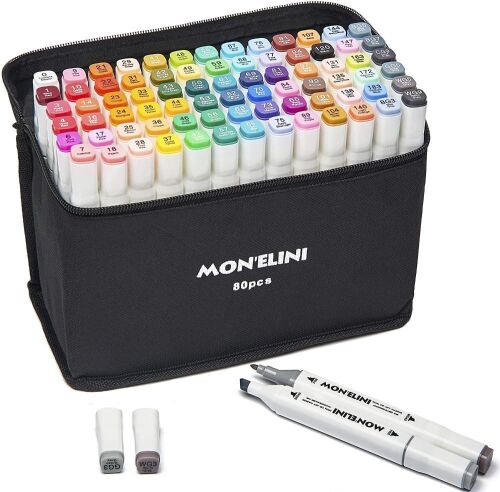 Mon'Elini Alcohol Markers Set with Blender, 80 Colors, Dual Tip - Lot 949