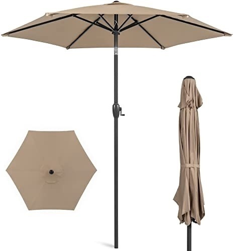 7.5ft Heavy-Duty Round Outdoor Market Table Patio Umbrella w/Steel Pole, Push Button Tilt, Easy Crank Lift - Tan - Lot 1123
