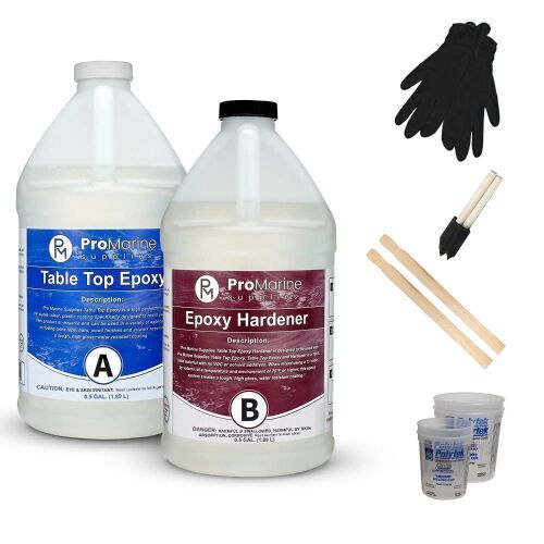 Pro Marine Supplies Crystal Clear Table Top Epoxy Resin & Hardener with Cups, Brushes, Gloves, Sticks  - Lot 991