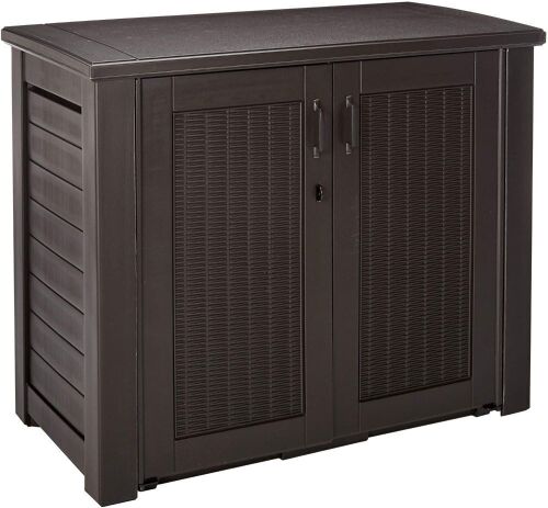 Rubbermaid Patio Chic Resin Weather Resistant Outdoor Storage Deck Box, 123 Gal., Black Oak Rattan Wicker Basket Weave - Lot 226