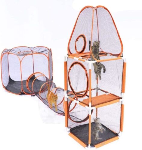 Compound Pet Play House, 3-Levels of Jumping Tower,  Hexagon Tent, & Tunnel - Lot 250