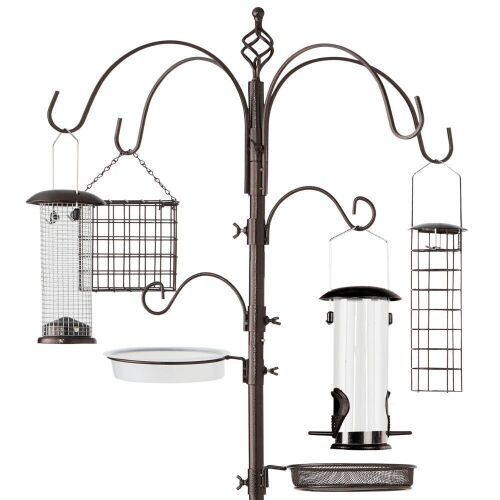 Bird Feeding Station, 6-Hook Steel Multi-Feeder Stand w/ 4 Feeders - 89in  - Lot 1016