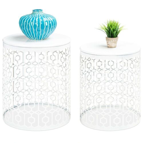 Set of 2 Decorative Round Side Accent Table Nightstands w/ Nesting Design - Lot 761
