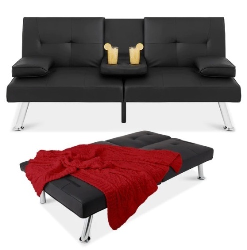 Faux Leather Upholstered Convertible Sofa Bed Futon w/ 2 Cupholders, Appears New - Lot 102