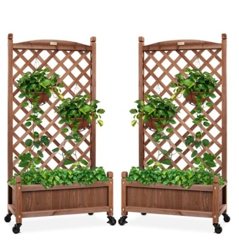 Set of 2 Wood Planter Box & Lattice Trellis w/ Optional Wheels - 48in, Appears New - Lot 121