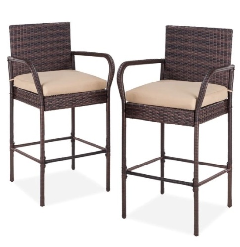 Set of 2 Indoor Outdoor Wicker Bar Stools w/ Cushion, Footrests, Armrests, Appears New - Lot 128