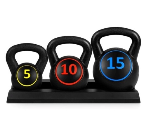 3-Piece Kettlebell Exercise Fitness Weight Set w/ Storage Rack, Appears New - Lot 139