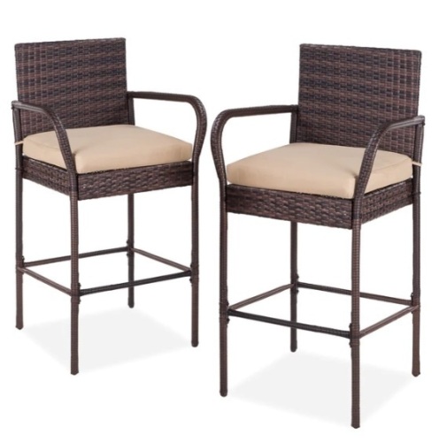 Set of 2 Indoor Outdoor Wicker Bar Stools w/ Cushion, Footrests, Armrests, Appears New - Lot 240