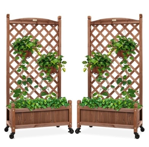 Set of 2 Wood Planter Box & Lattice Trellis w/ Optional Wheels - 48in, Appears New - Lot 255