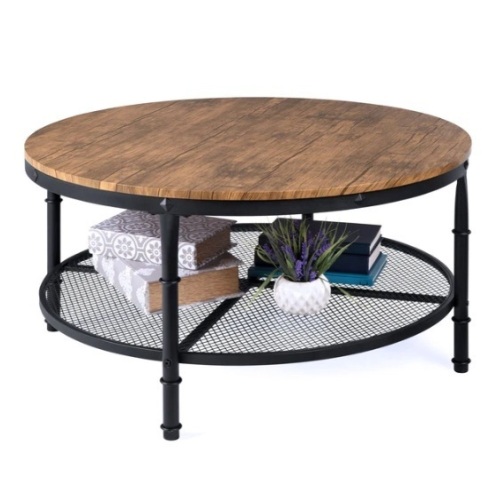 2-Tier Round Industrial Wood & Steel Coffee Table, Storage Shelves - 35.5in, Appears New - Lot 262