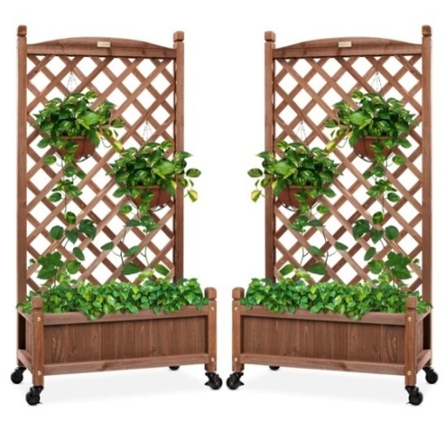 Set of 2 Wood Planter Box & Lattice Trellis w/ Optional Wheels - 48in, Appears New - Lot 293