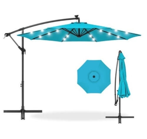 Solar LED Offset Hanging Patio Umbrella w/ Crank Tilt Adjustment - 10ft, Appears New/Box Damaged - Lot 304