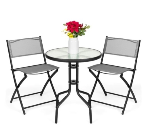 3-Piece Bistro Set w/ Glass Table, 2 Foldable Chairs, Ecommerce Return - Lot 309