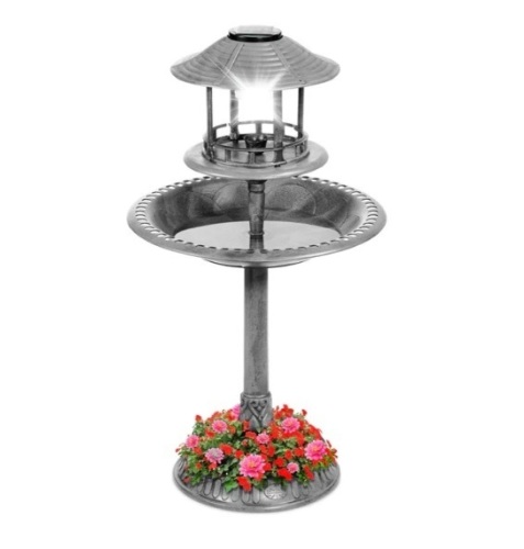 Solar Lighted Outdoor Pedestal Bird Bath w/ Planter, Decorative Bird Cage, Appears New - Lot 310