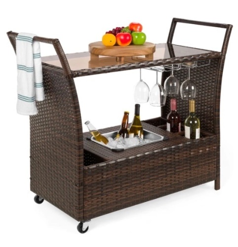 Wicker Serving Bar Cart w/ Wheels, Glass Counter, Ice Bucket, Appears New - Lot 327
