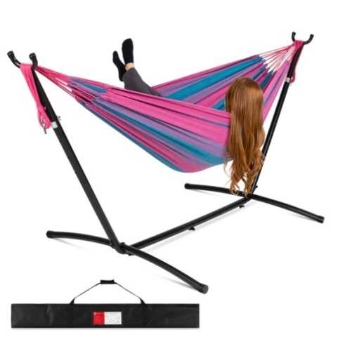 2-Person Brazilian-Style Double Hammock w/ Carrying Bag and Steel Stand, Appears New - Lot 334