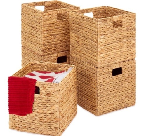Set of 5 Collapsible Hyacinth Storage Baskets w/ Inserts - 10.5x10.5in - Lot 5