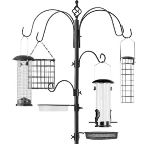 Bird Feeding Station, 6-Hook Steel Multi-Feeder Stand w/ 4 Feeders - 89in - Lot 10