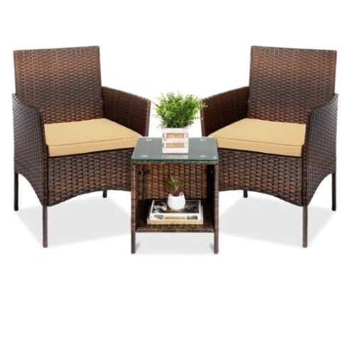 3-Piece Outdoor Patio Wicker Bistro Set w/ Side Storage Table - Lot 105