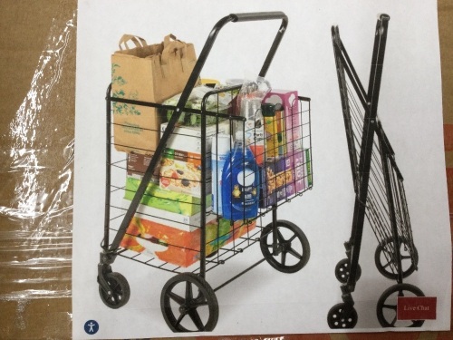 Folding Steel Grocery Cart w/ Double Basket, Swivel Wheels, 220lb Cap - Lot 117