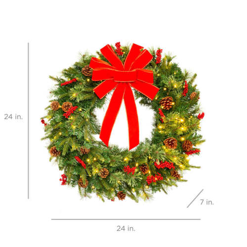 Pre-Lit Battery Powered Christmas Wreath w/ Lights, PVC Tips, Ribbon - Lot 2181