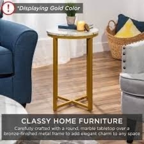 Round Coffee Side Table w/ Faux Marble Top, Metal Frame - 16in - Lot 2246