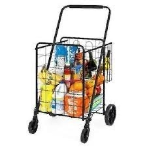 Folding Steel Grocery Cart w/ Double Basket, Swivel Wheels, 220lb Cap - Lot 2312