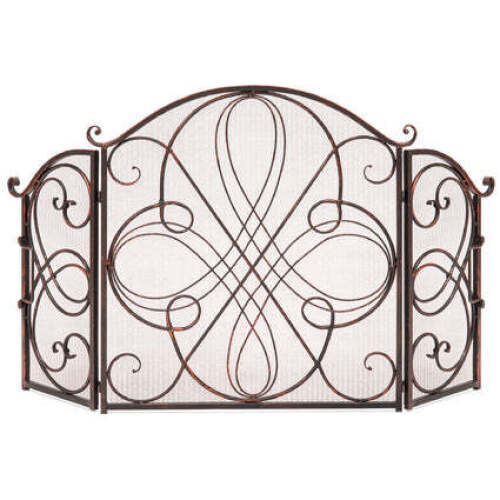 3-Panel Wrought Iron Metal Fireplace Screen Cover w/ Scroll Design - 55x33in - Lot 2394