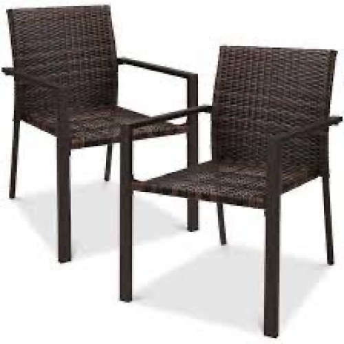 Set of 2 Stackable Wicker Chairs w/ Armrests, Steel Conversation Accent Furniture for Patio - Brown - Lot 2428