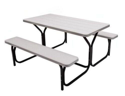 White Rectangle Metal Picnic Table Bench Set - Lot 113