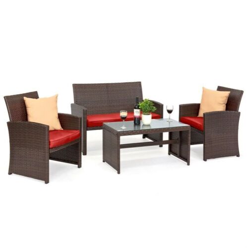 4-Piece Outdoor Wicker Conversation Patio Set w/ 4 Seats, Glass Table Top - Lot 945