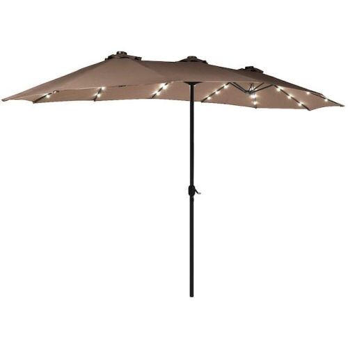 15Ft Patio Double-Sided LED Market Umbrella Crank Solar Powered Tan - Lot 524