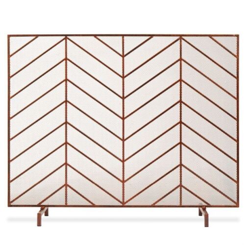 Single Panel Iron Chevron Fireplace Screen w/ Antique Finish - 38x31in - Lot 371