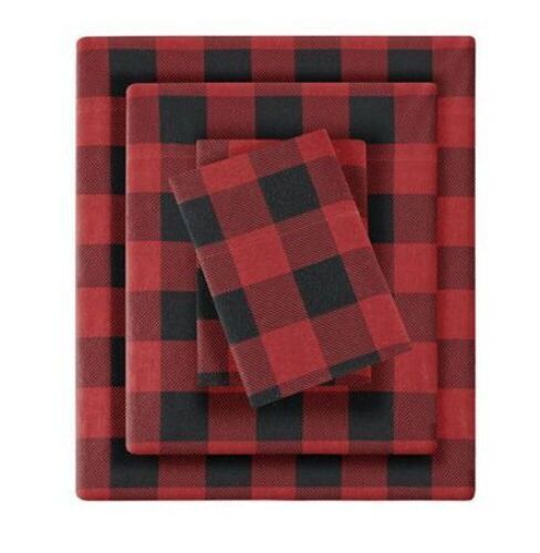 Lot of (3) Queen Holiday Patterned Flannel Sheet Set Red Buffalo Check  - Lot 694