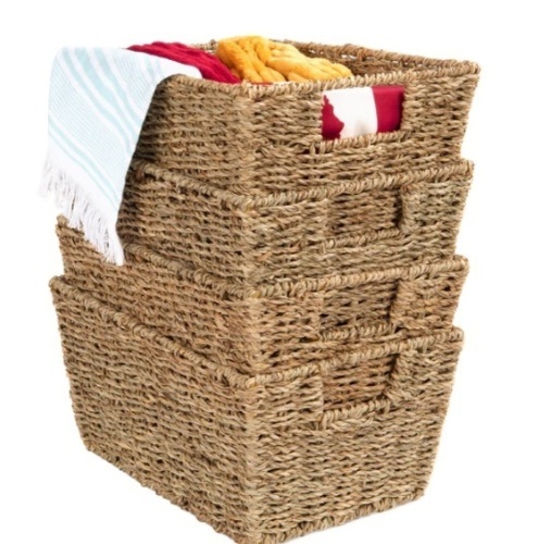 Set of 4 Seagrass Storage Tote Baskets, Laundry Organizer w/ Insert Handles,NEW - Lot 12