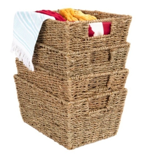 Set of 4 Seagrass Storage Tote Baskets, Laundry Organizer w/ Insert Handles,NEW - Lot 50